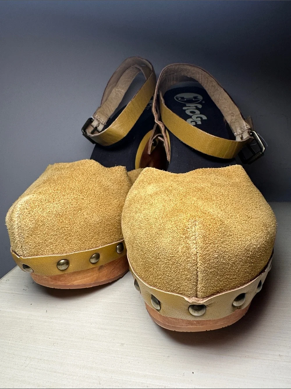 Flogg Women’s Mustard yellow leather suede wood Platform Mary Jane Heels